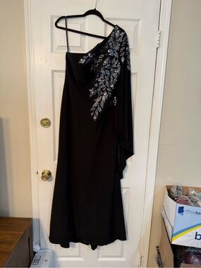 Xscape Black One-Shoulder Evening Gown with Silver Sequin Leaf Accent